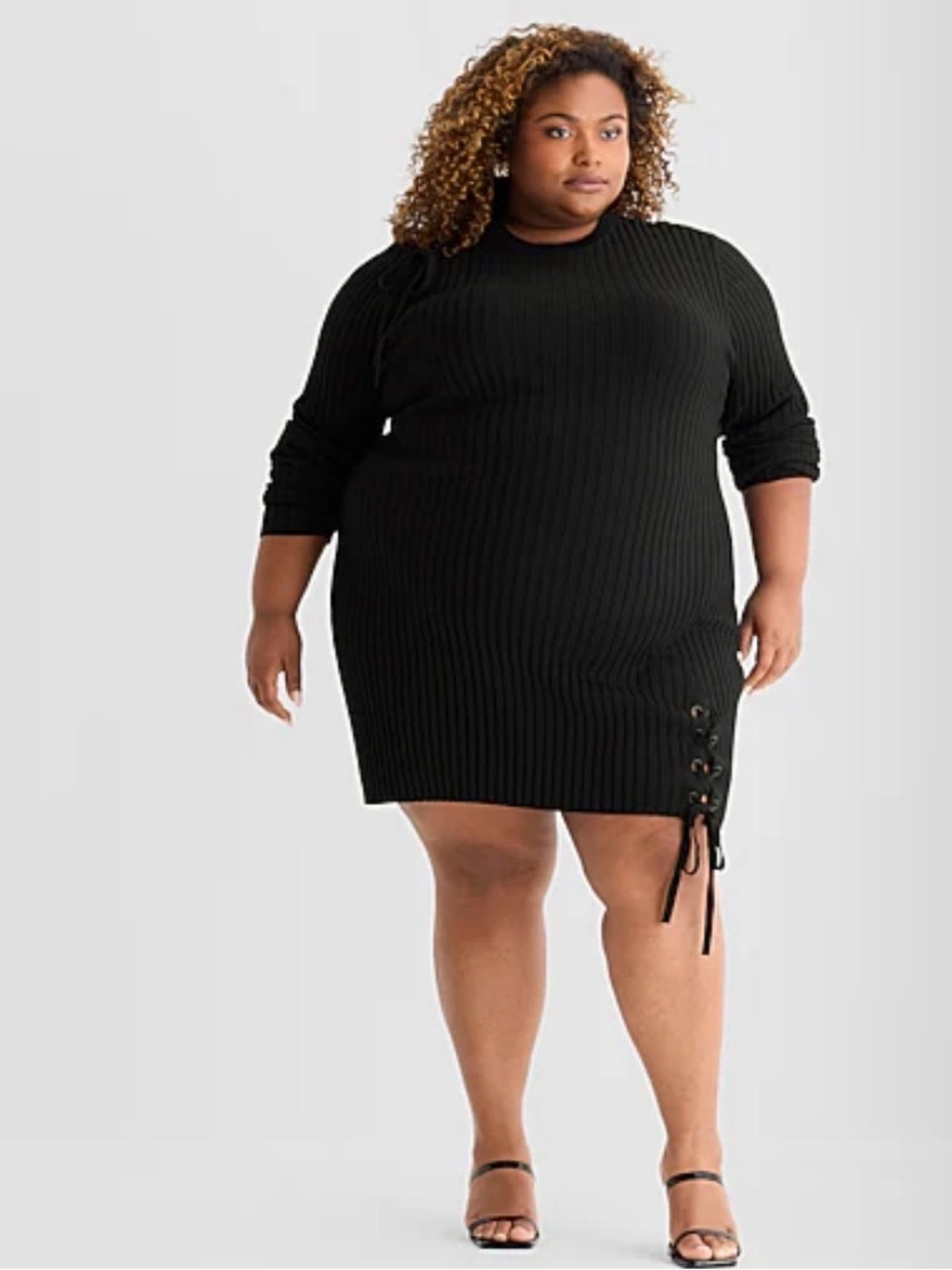 Ashley Graham Black Ribbed Mini Sweater Dress with Side Lace-Up